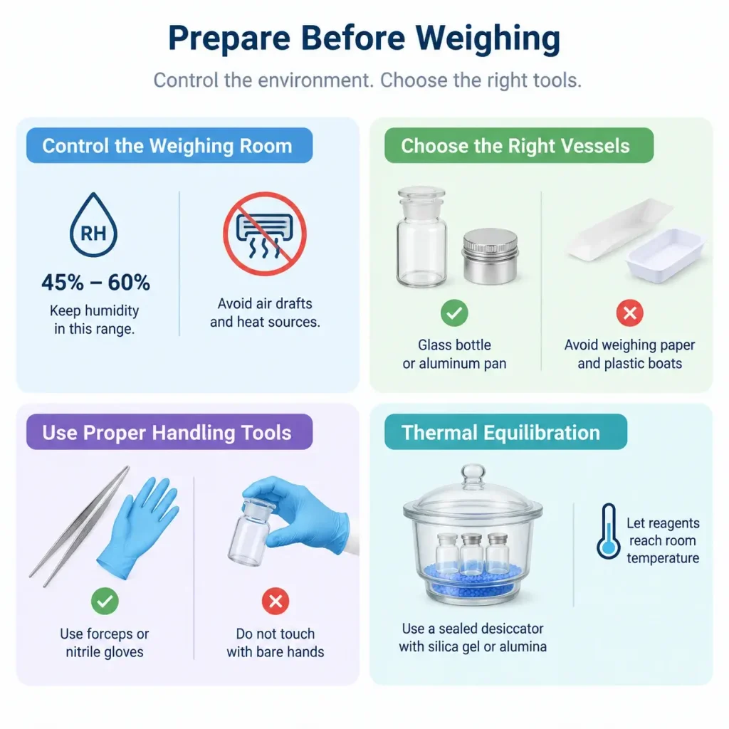Preparation steps for weighing: room humidity control, glass vessels, forceps, and desiccator.