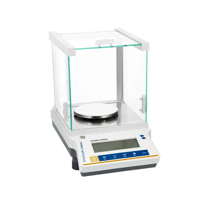 Stuccler Sense Series precision analytical balance with glass draft shield and round pan.