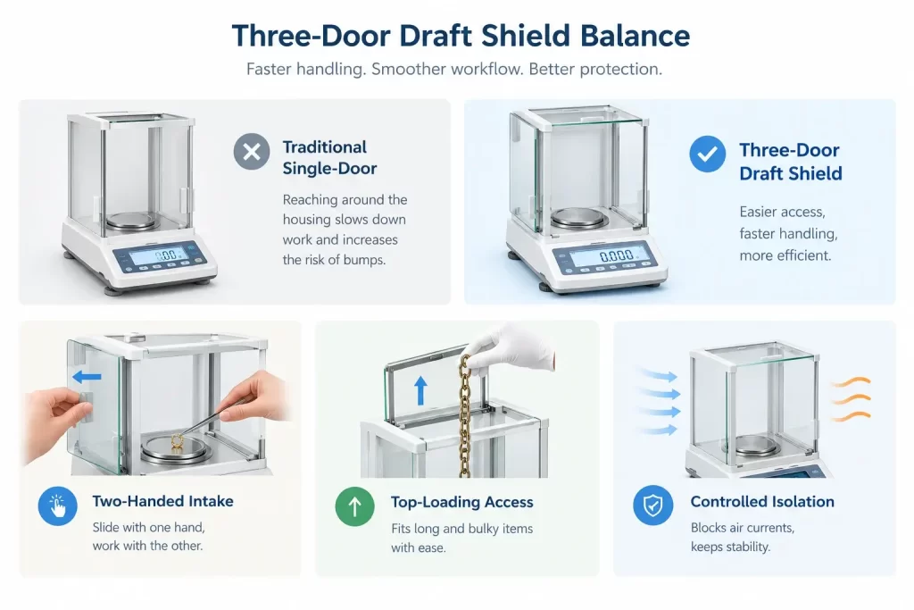 Infographic showing three-door draft shield balance benefits for jewelry weighing workflow.