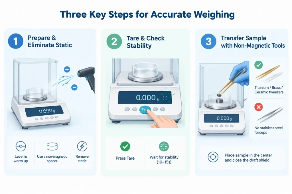 Three steps for weighing magnetic samples including static removal, taring, and non-magnetic tools.