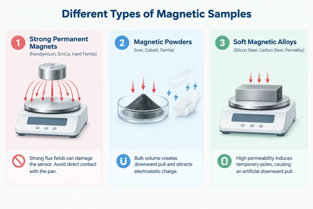 Infographic categorizing permanent magnets, magnetic powders, and soft magnetic alloys.
