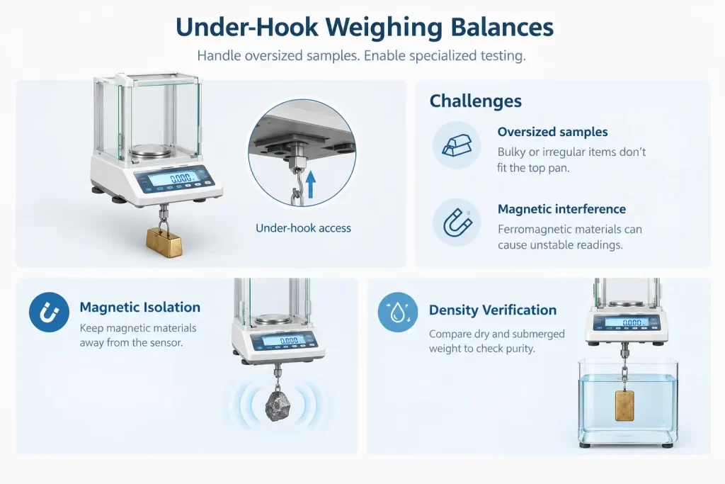 Infographic showing under-hook balance for density testing and weighing magnetic materials.