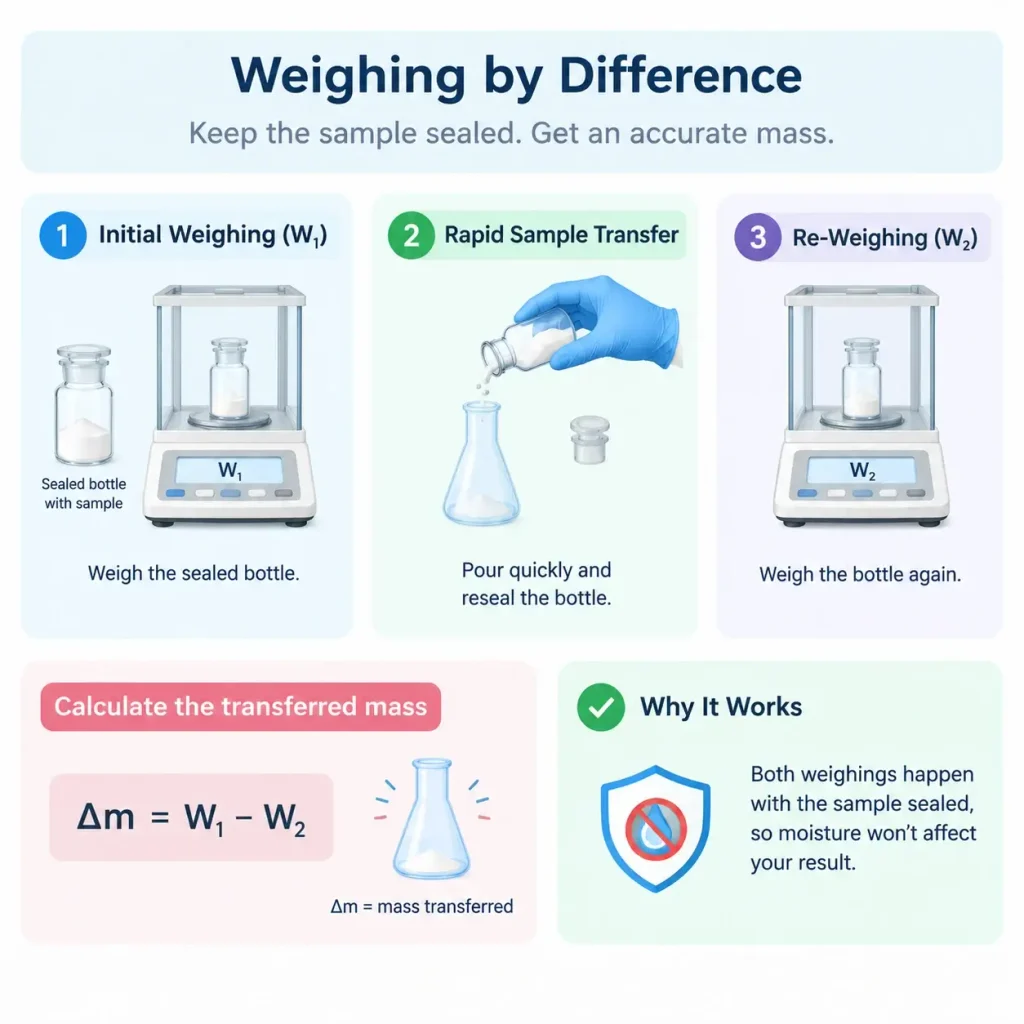 Diagram of weighing by difference method to accurately weigh hygroscopic samples.