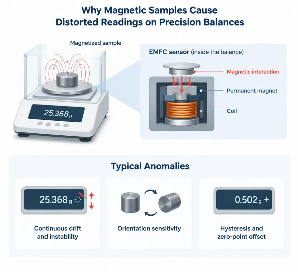 Diagram explaining magnetic field interference on EMFC balance sensors and common anomalies